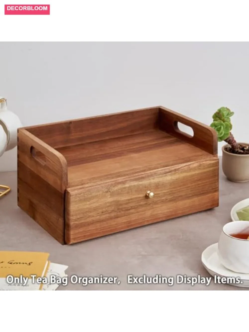 Acacia Wood Tea Bag Organizer with Drawer - 8 Compartments Storage Box